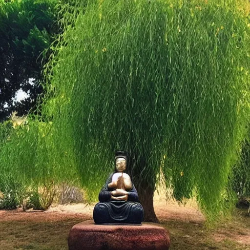 Image similar to “ a cute pig, meditating like buddha, large willow tree in the background. ”