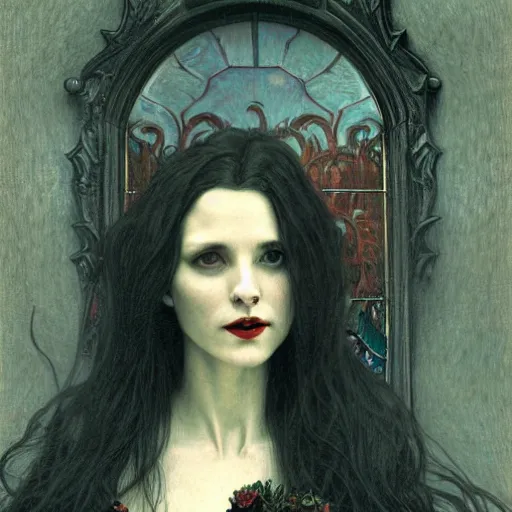 Image similar to portrait of a lady vampire, 35mm, 1800s, depth of field, DOF, ominous, sharp, highly detailed, photorealistic, realistic, unreal 5, high definition, 8k, deviantart, donato giancola, irwin penn, Alphonse Mucha