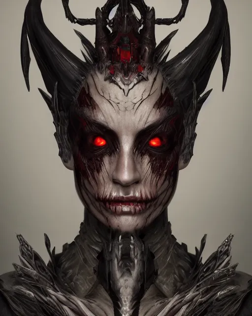 Image similar to headshot portrait of nightmare queen inspired by daemonology and catholicism, detailed, textured, realistic, unreal engine, cgsociety, cinematic lighting, concept art