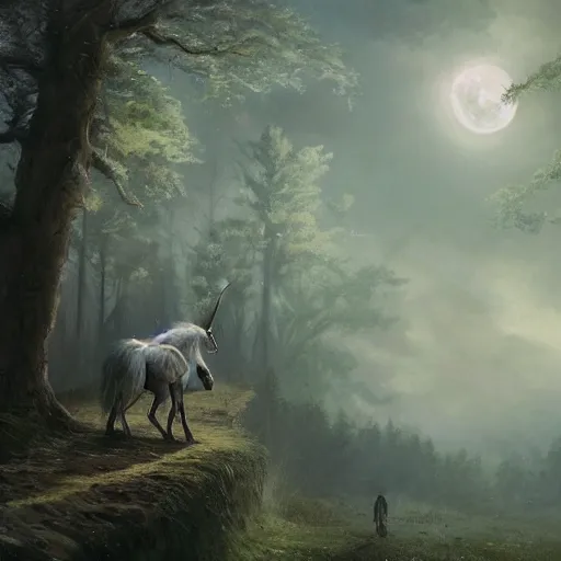 Prompt: beautiful tattooed woman with short curly brown hair riding unicorn through the woods full moon, landscape, scenery, oil painting, Tooth Wu, Greg Rutkowski, RPG, dynamic lighting, fantasy art, High contrast, depth of field