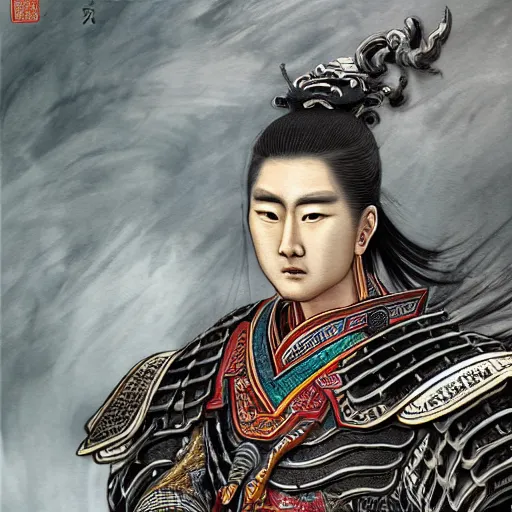 Image similar to dynamic composition, motion, ultra-detailed, incredibly detailed, a lot of details, amazing fine details and brush strokes, colorful and grayish palette, smooth, HD semirealistic anime CG concept art digital painting, watercolor oil painting of a Tang Ming dynasty chinese tao fantasy general wearing armor, from Three Kingdoms, by a Chinese artist at ArtStation, by Huang Guangjian, Fenghua Zhong, Ruan Jia, Xin Jin and Wei Chang. Realistic artwork of a Chinese videogame, gradients, gentle an harmonic grayish colors.