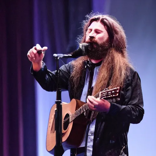 Prompt: bearded long - haired ross cheairs singing on stage