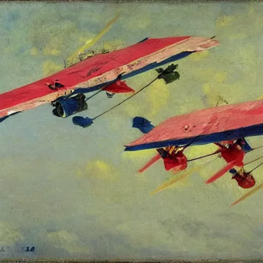 Prompt: zepplins with wings, brightly coloured oil on canvas, by ilya repin