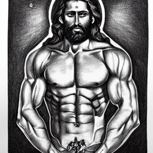 Image similar to gigachad benediction, gigachad jesus, muscles, pointing to heaven, pencil art, holy iconography