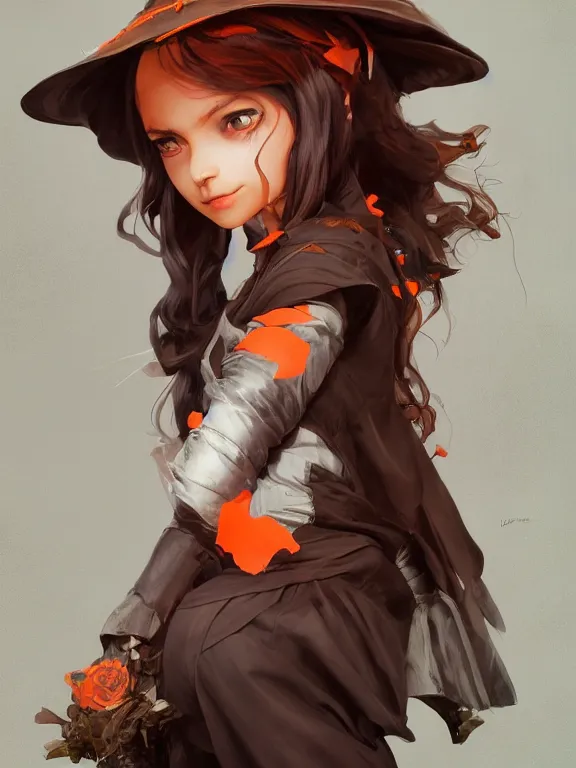 Prompt: Full shot of a mischievous young witch about to get up to some trouble. Latin American fashion. Black and Orange palette. Latina girl. brown skin. Symmetrical facial features. By Ruan Jia and Artgerm and Range Murata and WLOP. Key Art. Fantasy Illustration. award winning, Artstation, intricate details, realistic, Hyperdetailed, 8k resolution.
