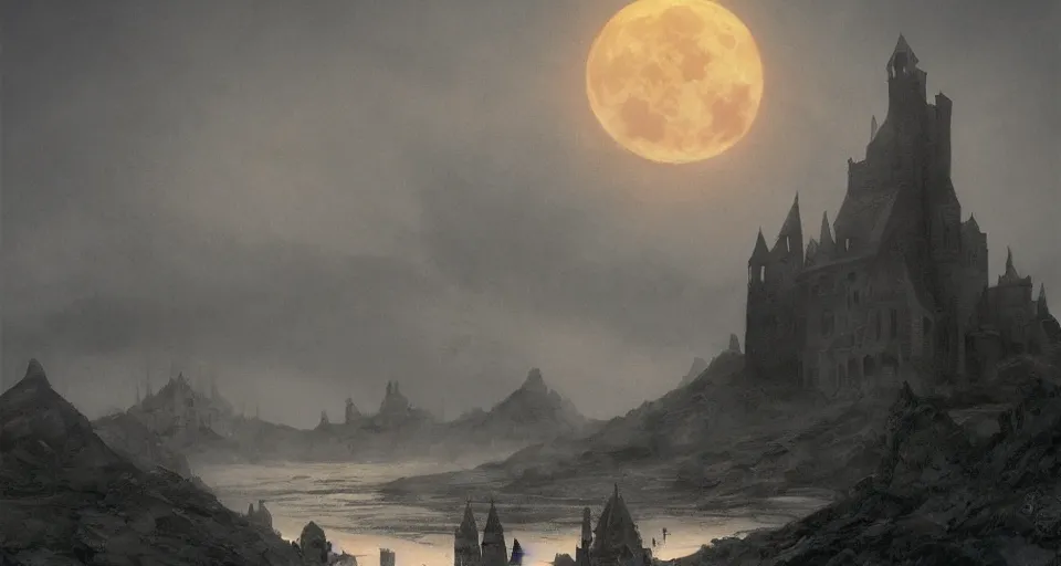 Image similar to an old castle rising up from the mist at night silhouetted by a single huge bloodmoon, anders zorn, stephen hickman, thomas kincade, brutalist, James Paick, Julian Falat, ultra realistic, trending on artstation, lava, dungeons and dragons, warm saturated colors, spooky, haunted