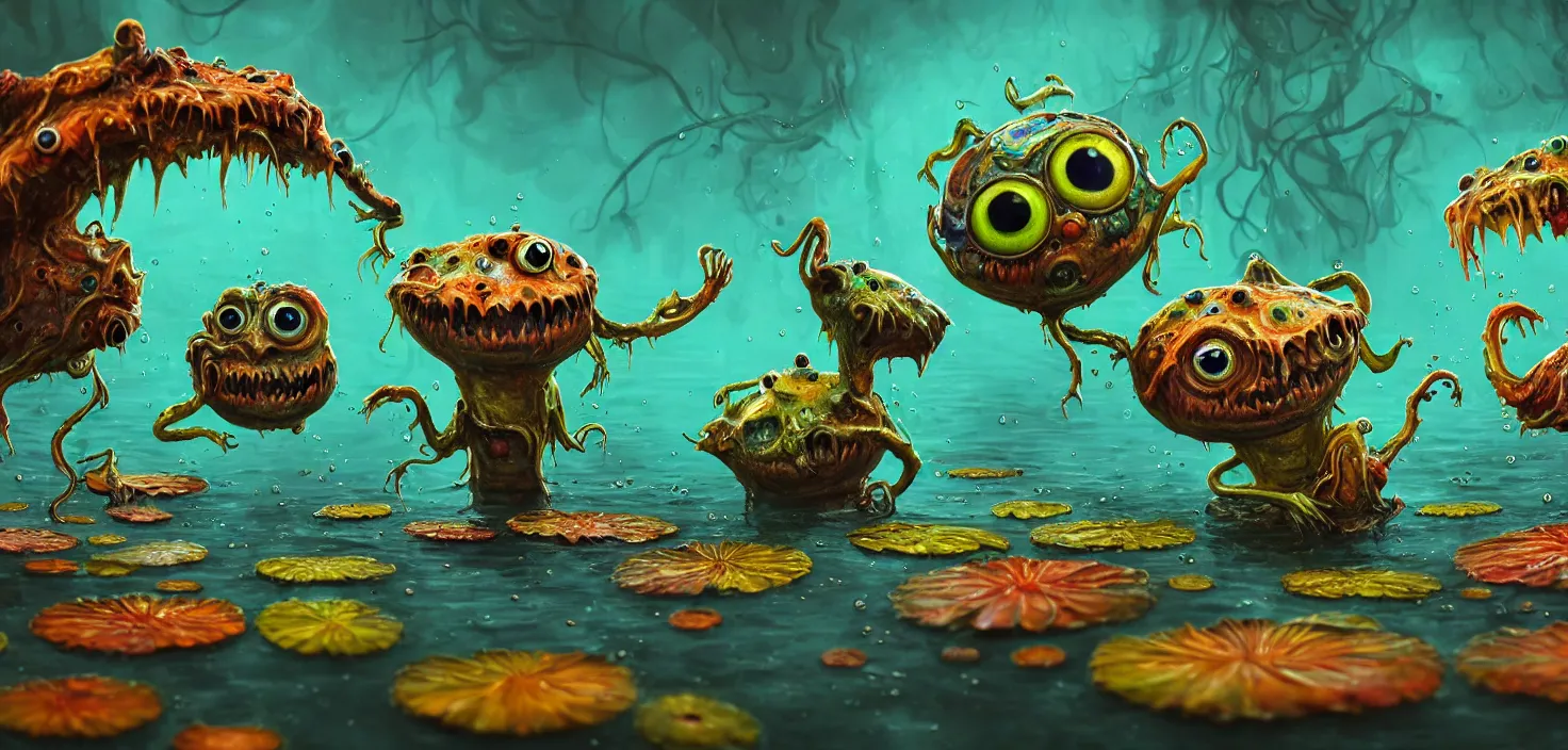 Prompt: intricate colourful murky pond with strange cute friendly angry crazy creatures with huge eyes long tongue triangle teeth and scary face appearing from the water, in the style of craola, cinematic view, macro lens, shallow depth of field, highly detailed, digital painting, trending artstation, concept art, illustration, cinematic lighting, vibrant colors, photorealism, epic, octane render