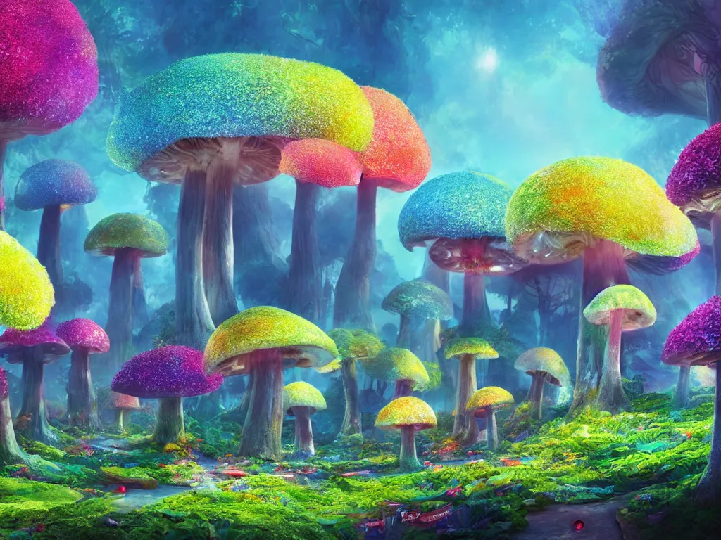 Image similar to a beautiful otherworldly fantasy landscape of giant luminous mushroom trees forming canopies over bright colorful mythical sprouted floral plants and colorful foliage on the ground, like alice in wonderland, extreme detail, studio ghibli and pixar and abzu, rendering, cryengine, deep color, vray render, cinema 4 d, cgsociety, bioluminescent