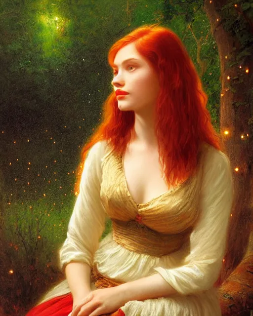 Image similar to a young woman, admiring the lights of golden fireflies, sitting in the midst of nature fully covered with a wonderful dress, long loose red hair, intricate details, green eyes, small nose with freckles, oval shape face, soft happy smile, realistic, expressive emotions, hyper realistic highly detailed art by albert bierstadt