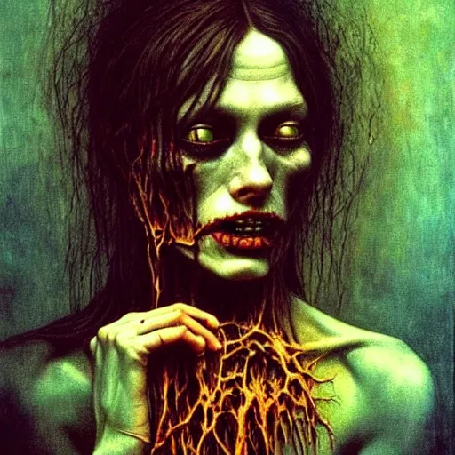 Image similar to full body portrait, a highly detailed witch, magic, night, extremely high detail, death, fear, horror, realistic, fantasy art, solo, masterpiece, saturated colors, tangled, ripped flesh, art by zdzisław beksinski, caravaggio, perfect faces, fine details