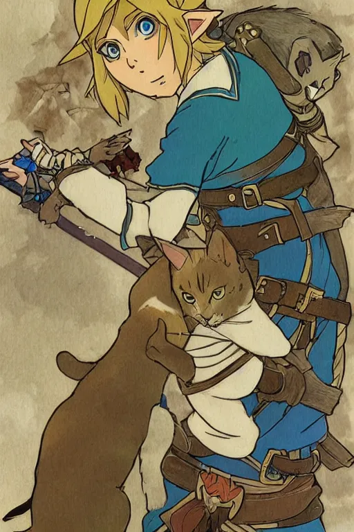 Image similar to link from The Legend of Zelda: Breath of the wild playing with a cat by studio ghibli and mucha