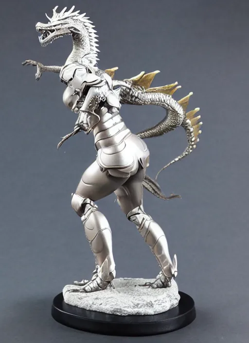 Image similar to 80mm, resin detailed model figure of a female wearing a silver dragon armor