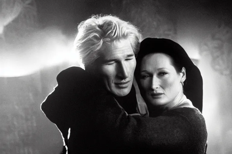 Image similar to richard gere and meryl streep play two vampires hugging each other in dark flames, scene from film