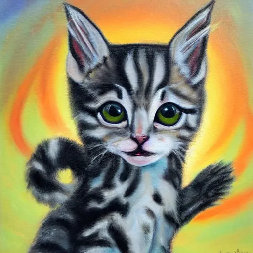 Prompt: A painting of a kitten that looks like it's been possessed by a demon