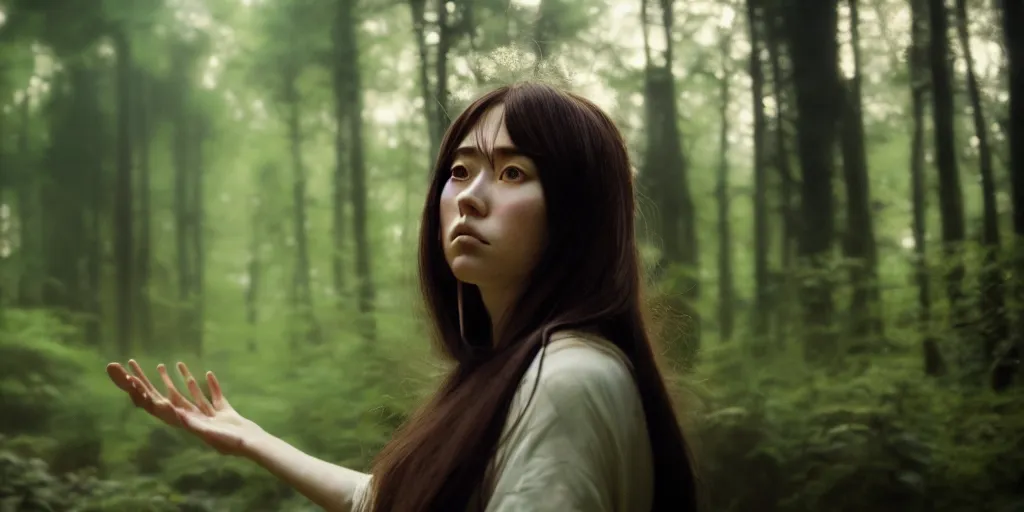 Prompt: portrait of woman, forest background, long brown hair, shallow depth of field, cloth, princess mononoke, 4 k, greg rutkowski, high detail, dramatic lighting, sunset, hayao miyazaki, masashi ando, nizou yamamoto, kazuo oga, joe hisaishi, yoji takeshige, naoya tanaka