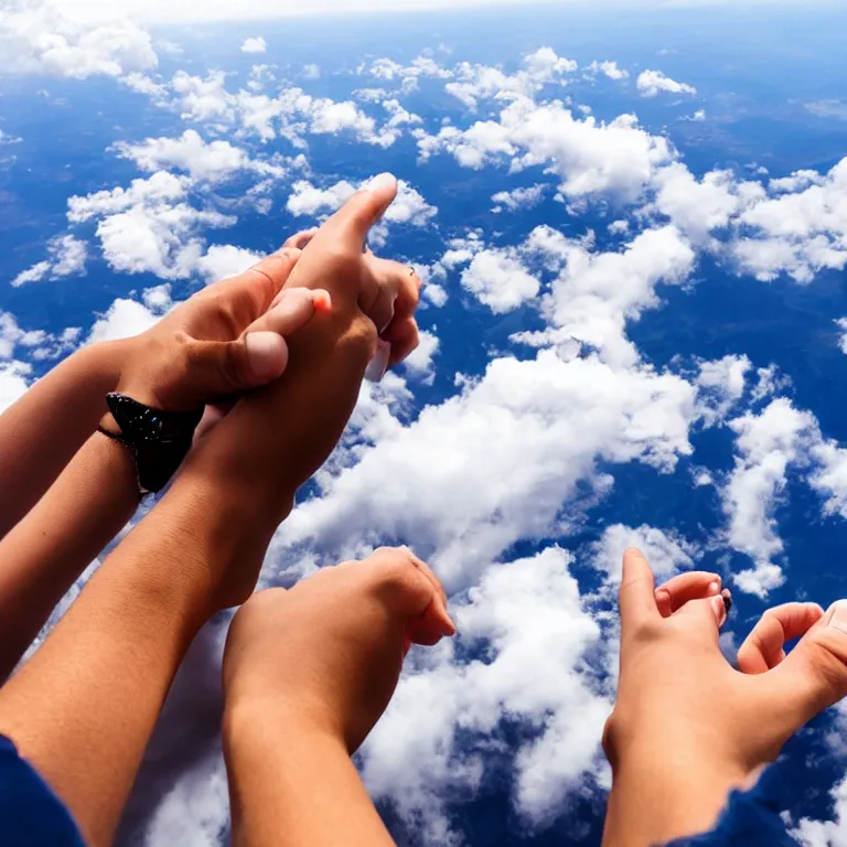 Image similar to a person holding hands with a friend while flying high in the sky, windy