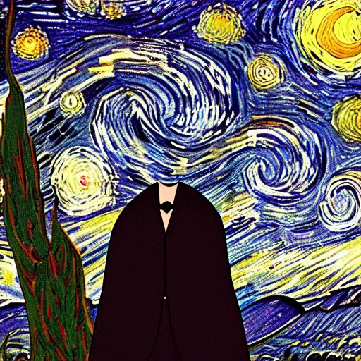 Prompt: in the style of starry night, d & d style full body portrait, tabaxi male in a tuxedo, in the style of starry night.