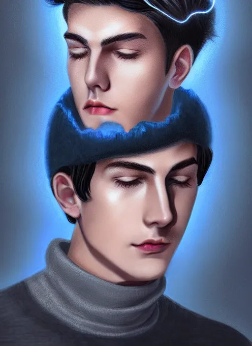 Image similar to portrait of teenage jughead jones wearing a light grey crown, crown, blue turtleneck, 1 9 5 0 s, closed eyes, photorealistic, black hair, glowing lighting, intricate, elegant, glowing lights, highly detailed, digital painting, artstation, concept art, smooth, sharp focus, illustration, art by wlop, mars ravelo and greg rutkowski