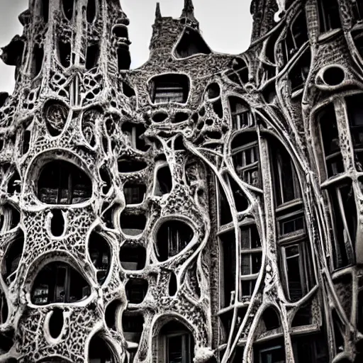 Prompt: “building made of intricate and detailed bones, designed by antoni gaudi”