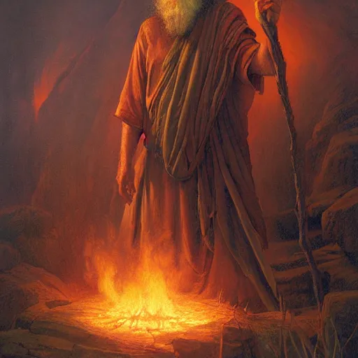 Image similar to Beautiful hyperrealistic detailed matte portrait painting of moses with the Burning Bush, by andreas rocha and john howe, and Martin Johnson