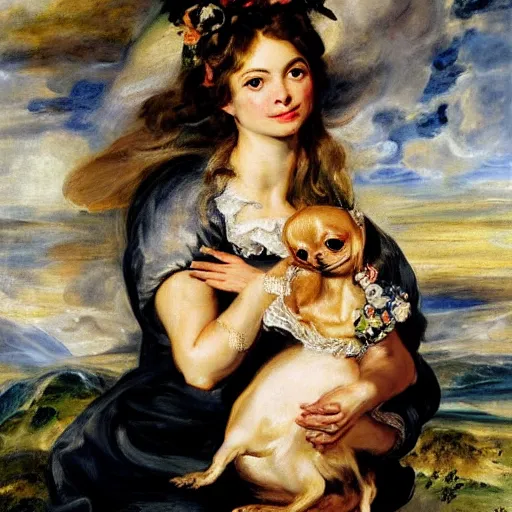 Image similar to heavenly summer sharp land sphere scallop well dressed lady holding little chihuahua in her arms, auslese, by peter paul rubens and eugene delacroix and karol bak, hyperrealism, digital illustration, fauvist, holding little chihuahua in her arms