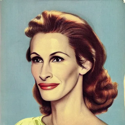 Prompt: “Julia Roberts portrait, color vintage magazine illustration 1950”