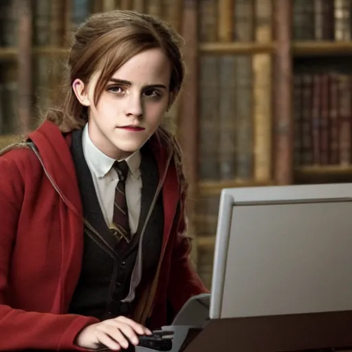 Prompt: Photo of Emma Watson as Hermione Granger using a computer next to Professor McGonagall in Hogwarts