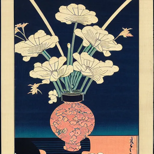 Image similar to bouquet of flowers, centered, symmetrical, ukiyo-e style, Hokusai, Hiroshige