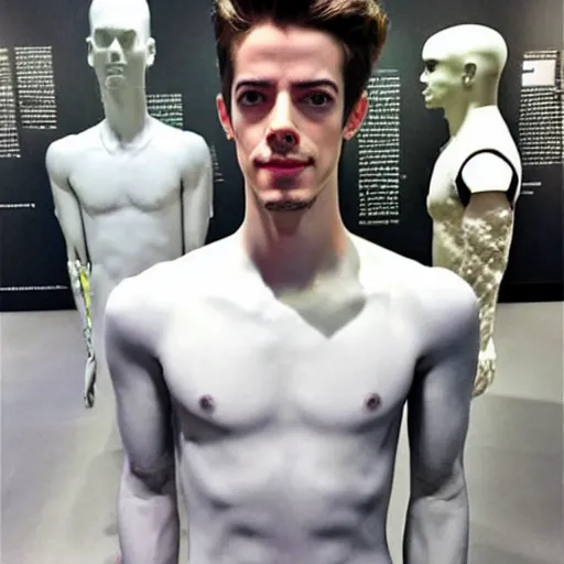 Image similar to “a realistic detailed photo of a guy who is an attractive humanoid who is half robot and half humanoid, who is a male android, actor Grant Gustin, shiny skin, posing like a statue, blank stare, at the museum, on display”