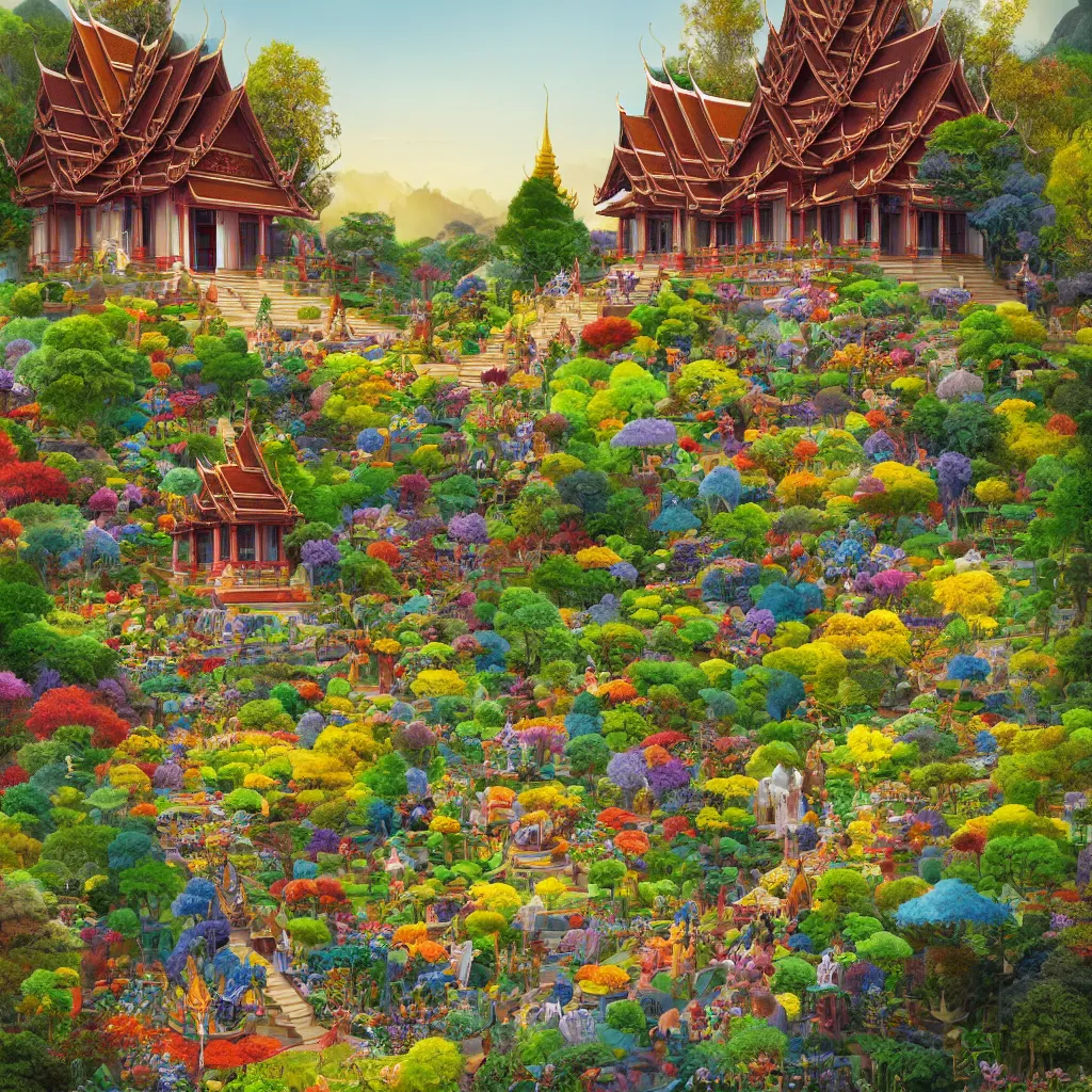 Prompt: summer morning, thai temple, rolling mountain, very coherent and colorful high contrast, art by gediminas pranckevicius, geof darrow, franz sedlacek, dark shadows, hard lighting, flowers garden