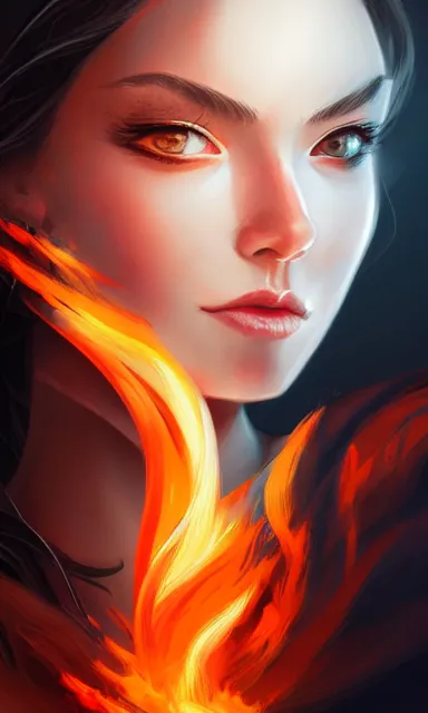 Image similar to god of fire, beautiful female, white skin, portrait, sharp focus, digital art, concept art, dynamic lighting, by emylie boivin and rossdraws