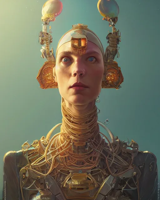 Prompt: highly detailed surreal vfx portrait of a sacred robot, stephen bliss, unreal engine, greg rutkowski, loish, rhads, beeple, makoto shinkai and lois van baarle, ilya kuvshinov, rossdraws, tom bagshaw, alphonse mucha, global illumination, detailed and intricate environment