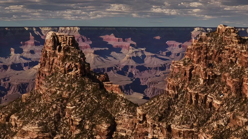 Image similar to an atmospheric screenshot of a film by denis villeneuve featuring a dark gothic cathedral carved out of rock at the top of the grand canyon