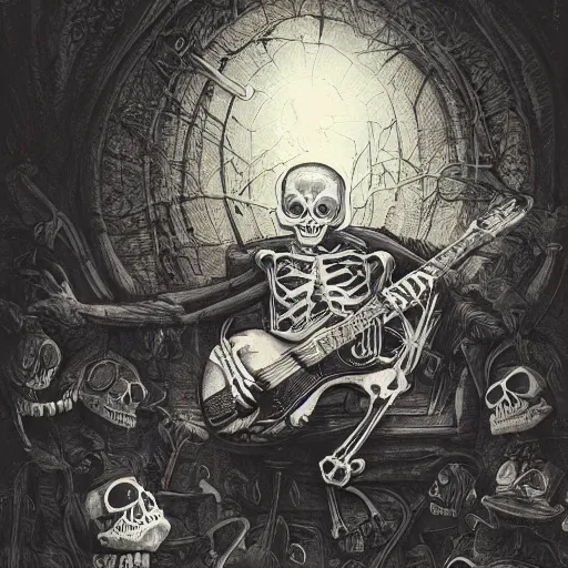 Image similar to skeleton wearing headphones, watching girl playing guitar while her black cat standing next to her, detailed intricate ink illustration, dark atmosphere, detailed illustration, hd, 4k, digital art, overdetailed art, by greg rutkowski, by loish, complementing colors, Trending on artstation