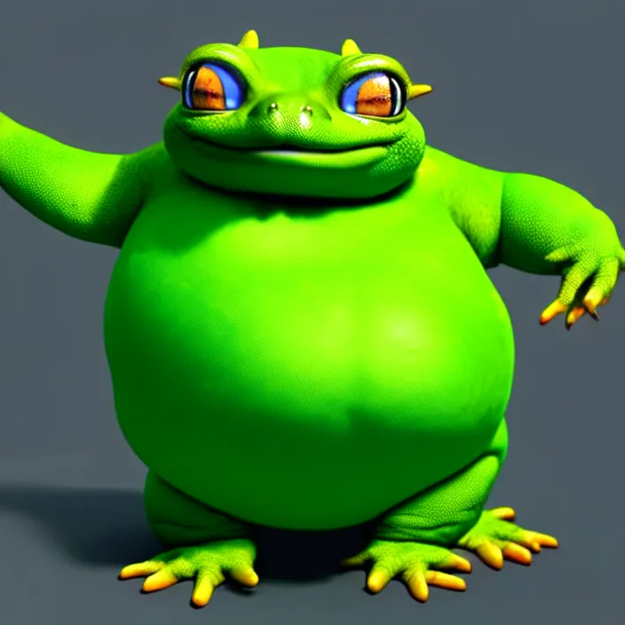 Image similar to a fat anthropomorphic male green gecko fursona waddling across vrchat, cute, 3 d, octane render, furry