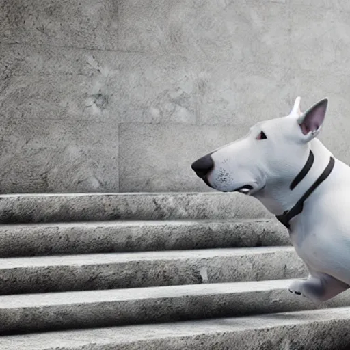 Image similar to bull terrier bounces up stairs rendered in unreal engine