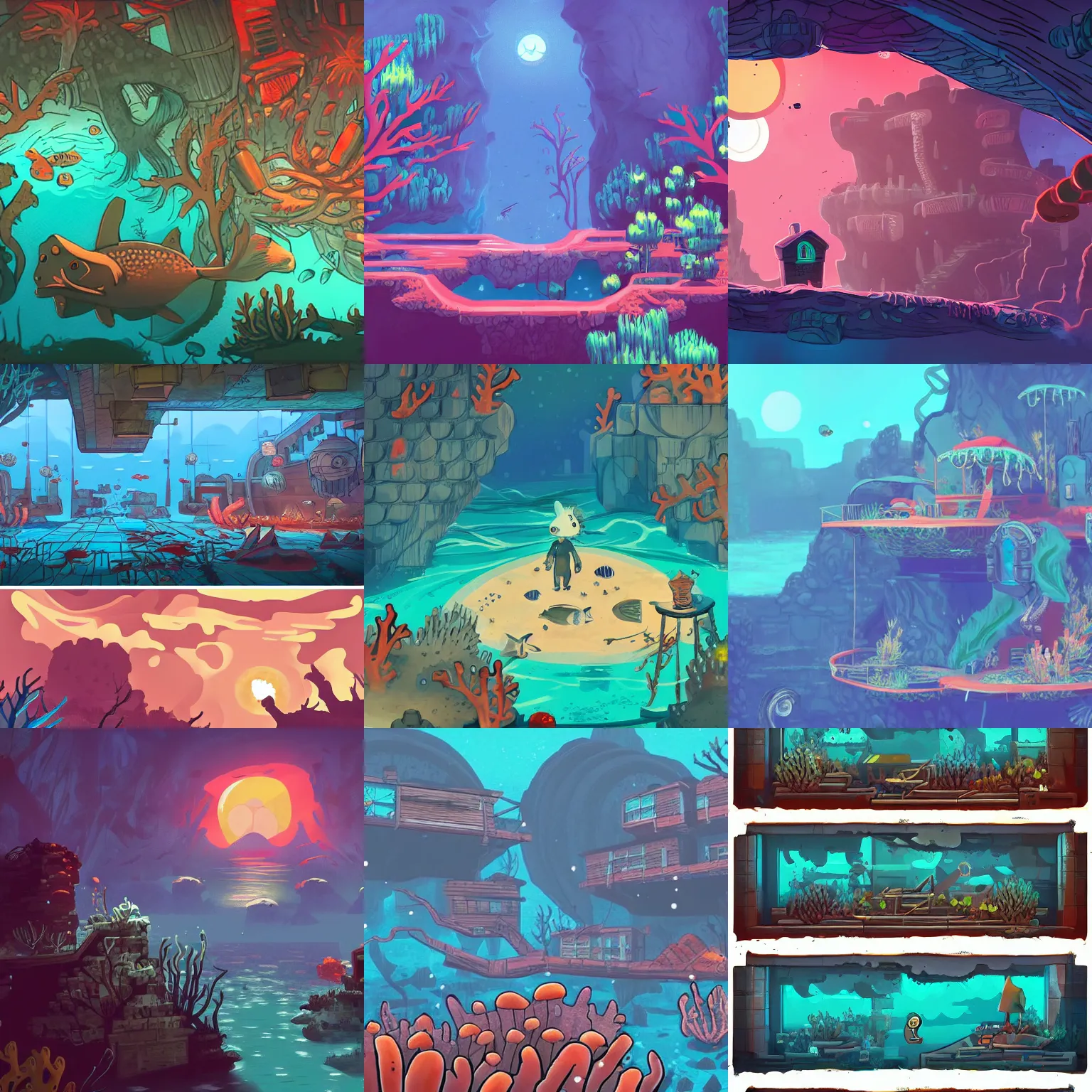 Prompt: beautiful art for a 2d side scroller game set in an underwater fallout survival base with lots of coral and fish inspired by night in the woods