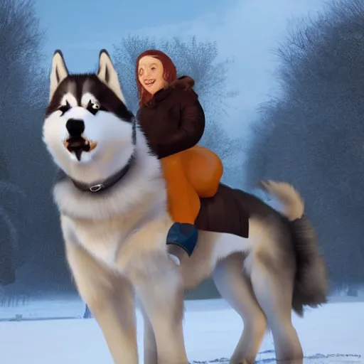 Prompt: girl riding a giant husky in the park, snow, trending on artstation