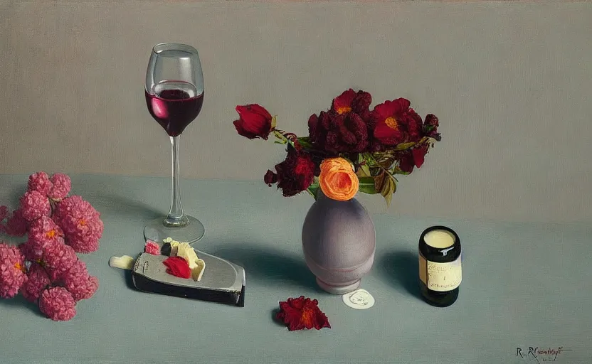 Prompt: an achingly beautiful still life featuring blooming flowers, tillamook cheese, and red wine by Raphael, Hopper, and Rene Magritte. detailed, romantic, enchanting, trending on artstation.