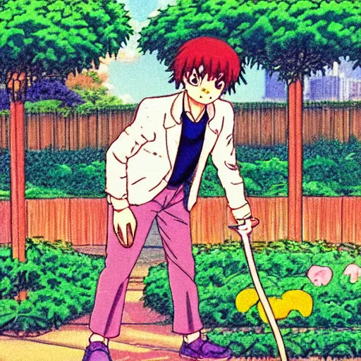 Image similar to salary man tending to his garden before going to work, directed by beat takeshi, visual novel cg, 8 0 s anime vibe, kimagure orange road, maison ikkoku, sketch by osamu tezuka, directed by makoto shinkai and beat takeshi