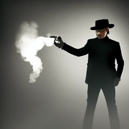 Prompt: mysterious man in black suit and black hat, he has a pistol, smoke, fog, mysterious, 4 k, highly detailed, digital art, strong shadows, high contrast, epic scene, atmospheric, blue colours