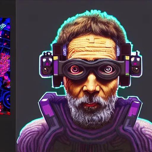 Image similar to Colour Photography of 1000 years old man with highly detailed 1000 years old face wearing higly detailed cyberpunk VR Headset designed by Josan Gonzalez Many details. Man playing Minecraft in VR . In style of Josan Gonzalez and Mike Winkelmann andgreg rutkowski and alphonse muchaand Caspar David Friedrich and Stephen Hickman and James Gurney and Hiromasa Ogura. Rendered in Blender