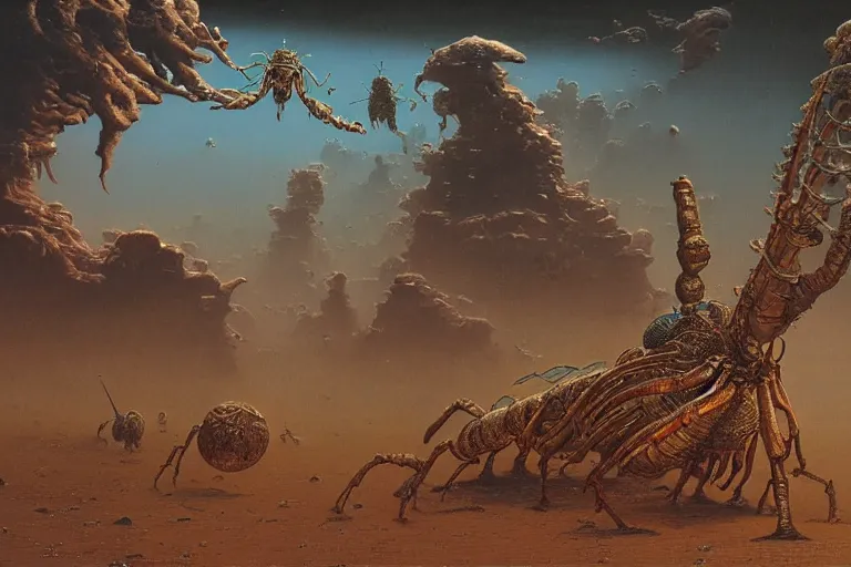 Prompt: oil painting, super - detailed scene of a planet that is also a giant insect, entomology, japanese sci - fi books art, artwork by jean giraud and zdzislaw beksinski and michael whelan and hr giger, hd, 4 k, high quality