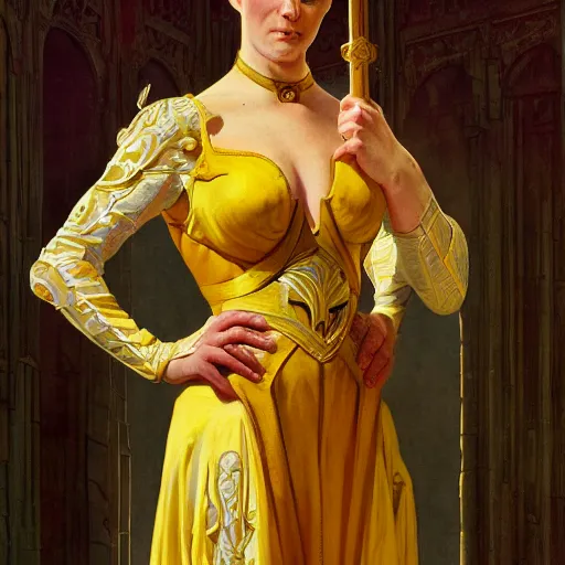 Image similar to humiliated man kneeling before a proud queen, yellow eyes, medieval art, medium shot, intricate, elegant, highly detailed, digital painting, volumetric light, artstation, concept art, smooth, sharp focus, illustration, art by Gil Elvgren and Greg Rutkowski and Alphonse Mucha, 8K