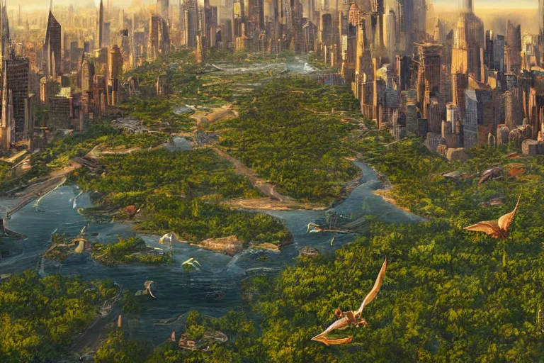 Prompt: an epic aerial view of manhattan in the jurassic era, with jungle, vines, pterosaurs flying, wide angle, atmospheric, cinematic, highly detailed digital art, painted by tyler edlin