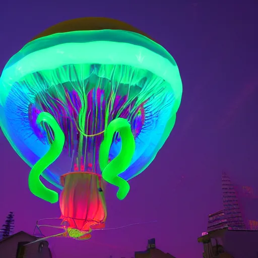 Image similar to sky jellyfish, nighttime color show, glowing jellyfish, flying sky color jellyfish, raytracing, volumetric lighting, lighting high quality 3D render trending on artstation