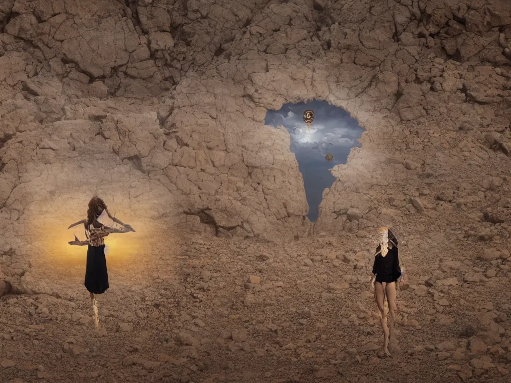 Image similar to levitating women with full - face golden mask and glowing eyes in a dry rocky desert landscape, visible sky and sunny atmosphere, fata morgana giant mirrors by alejandro jodorowsky, anamorphic lens, kodakchrome, cinematic composition, practical effects, 8 k,
