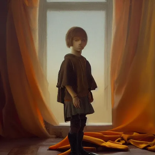 Prompt: a beautiful portrait of a young prince posing in an orange studio, realistic 4k UHD oil painting in the style of james gurney, greg rutkowski, and johannes vermeer