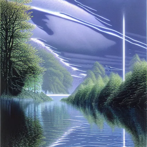 Prompt: ominous shale and polished steel technocity half - submerged in the sipsey river, by michael whelan and angus mcbride and ted nasmith, 3 2 k huhd