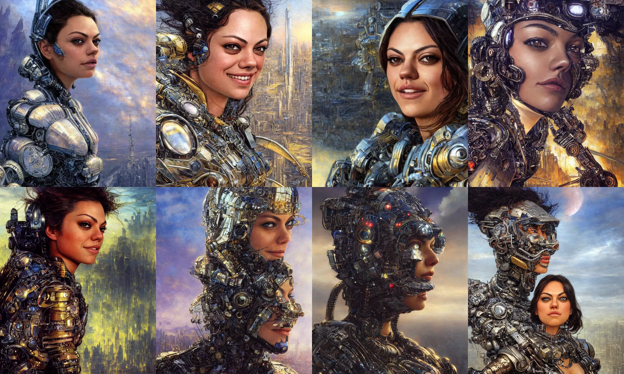 Prompt: close - up portrait of epic young mila kunis smiling into camera, intricate cyborg armor, vista of futuristic city, windy, golden hour, wlop, by gerald brom, by mikhail vrubel, by peter elson, muted colors, extreme detail, trending on artstation